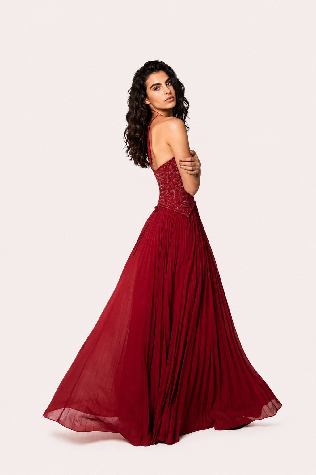 Women’s Halter Neck Lace Bodice Maxi Dress