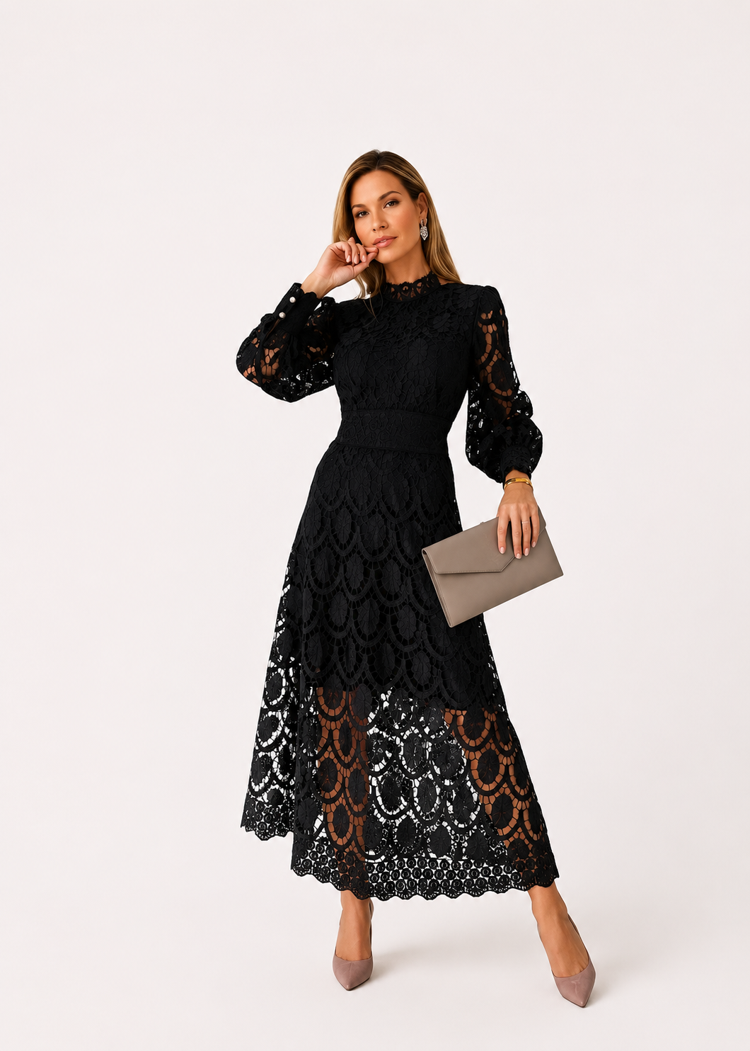 Women’s High Neck Lace Midi Dress