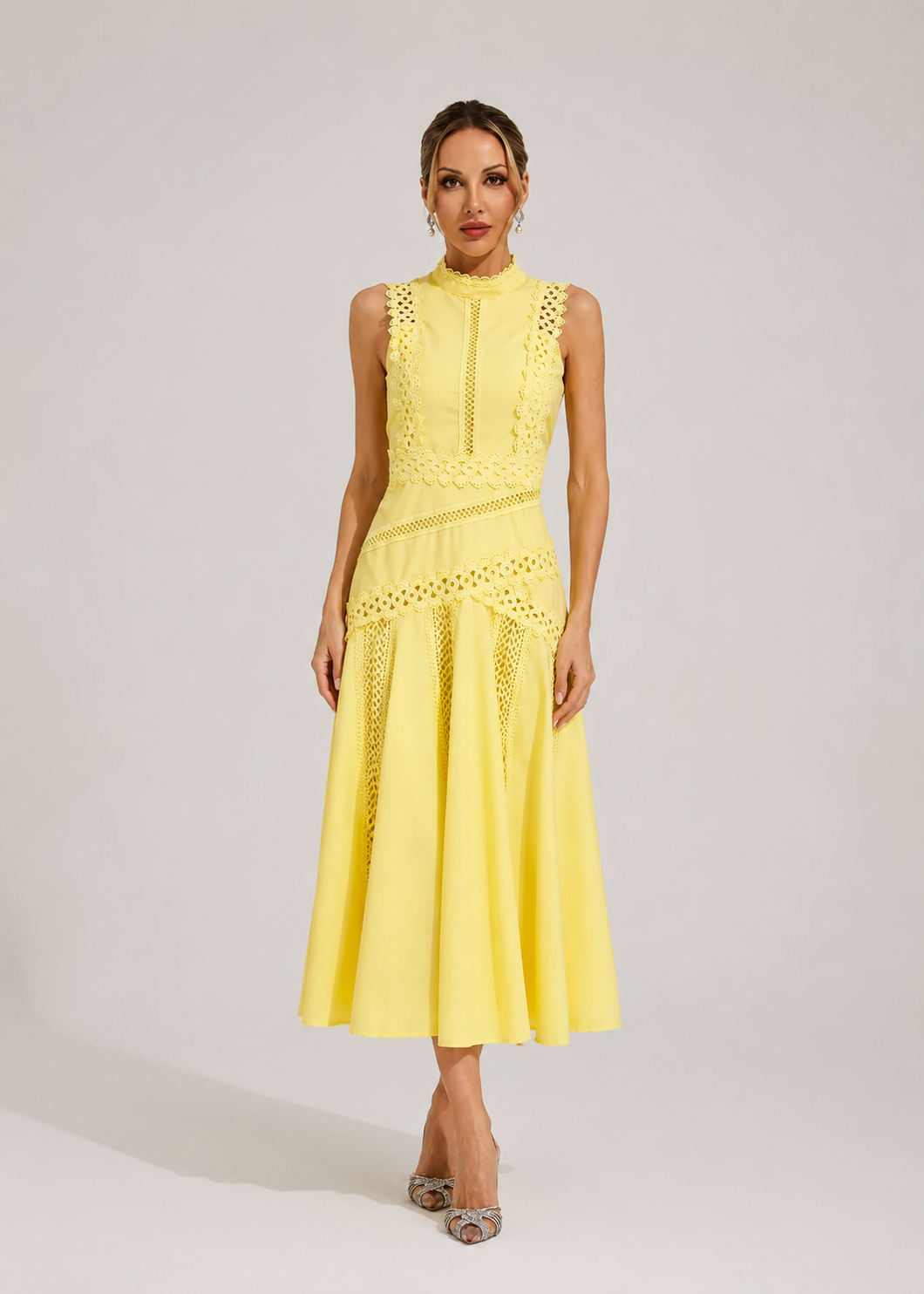 Women’s Lace Detail High Neck Midi Dress