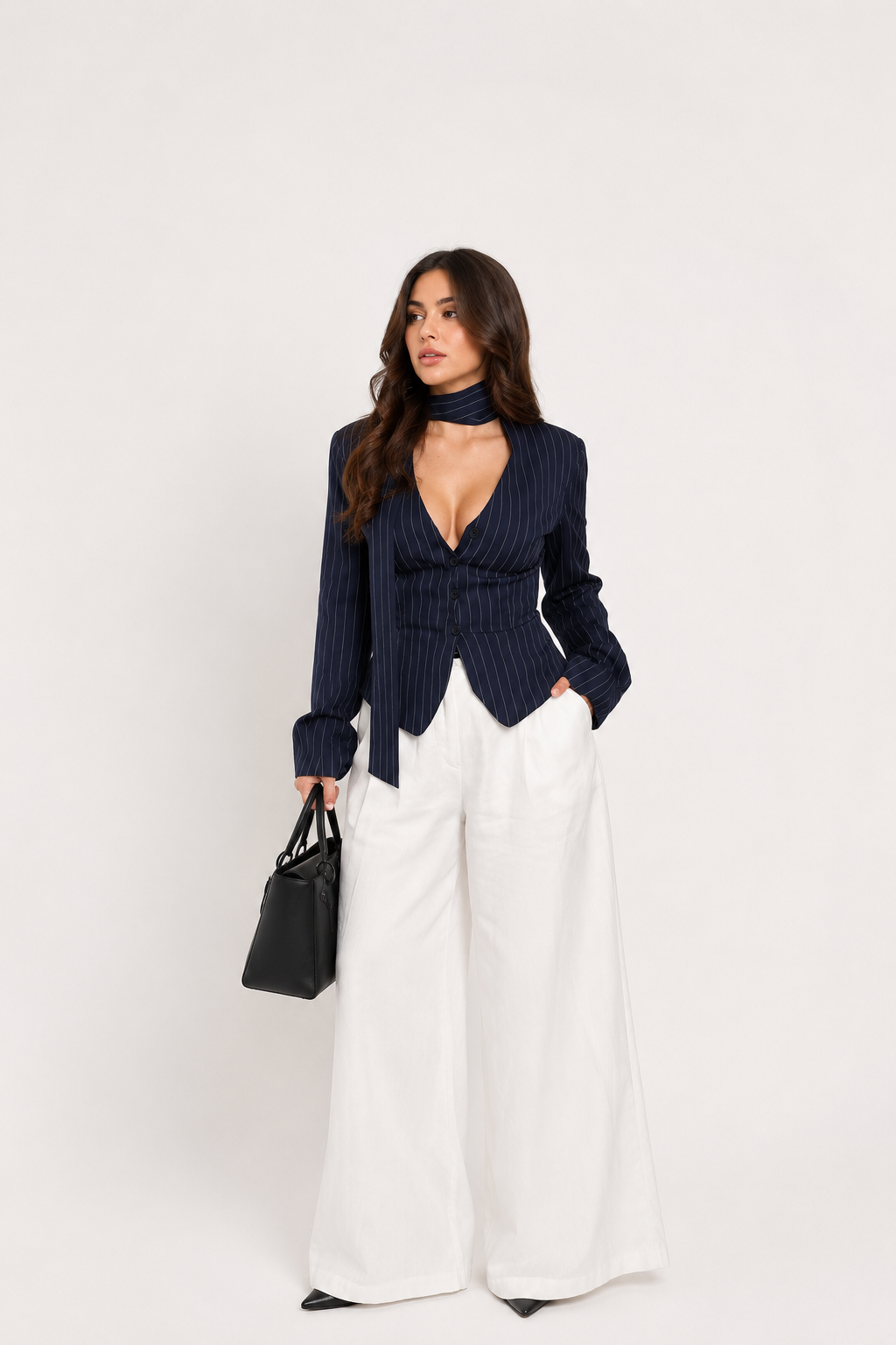 Women’s Pinstripe V-Neck Fitted Blazer