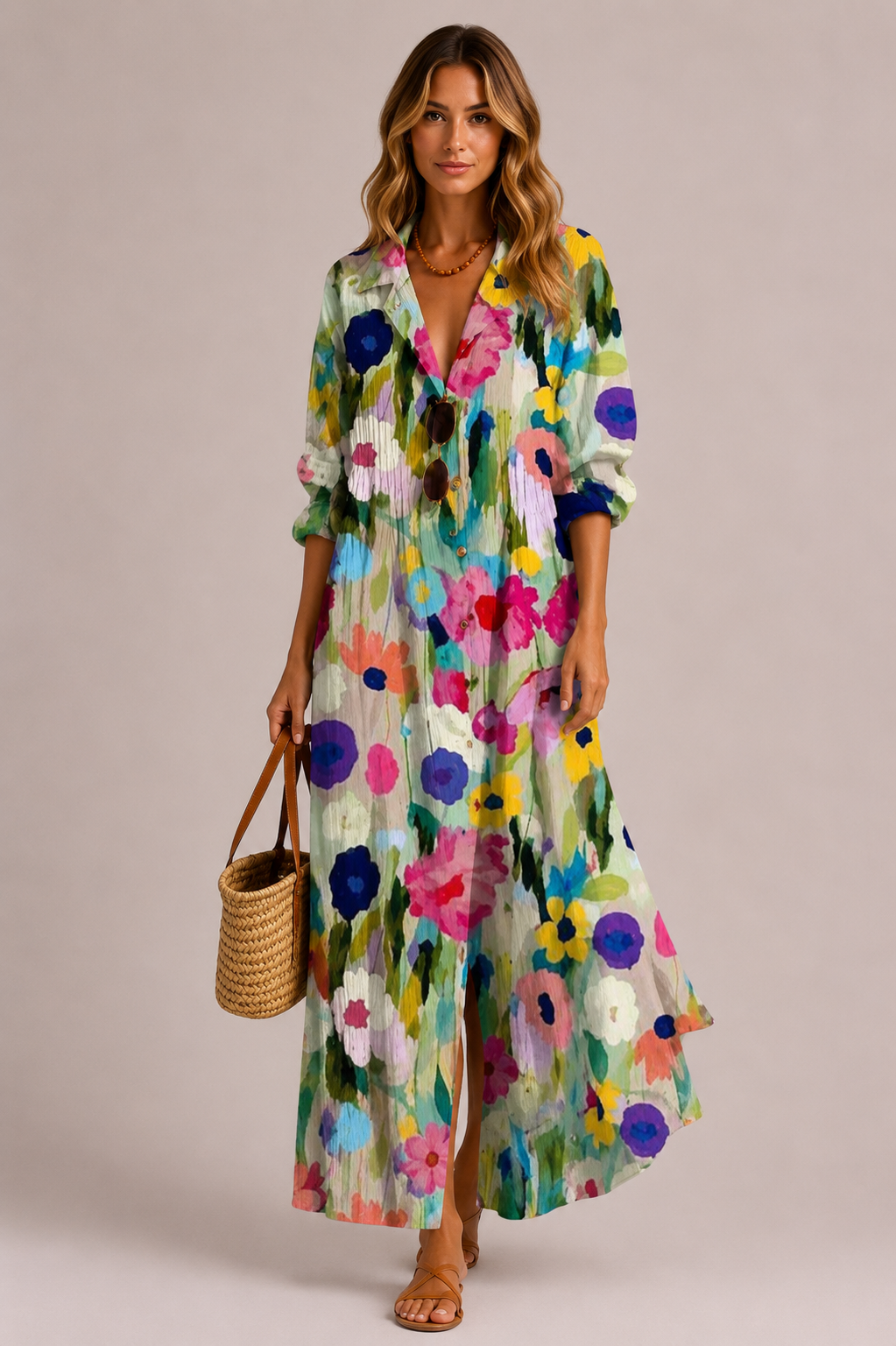 Women’s Printed Button Front Maxi Dress