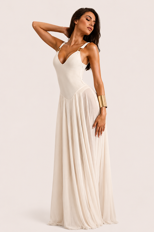 Women’s Sleeveless Deep V-Neck Maxi Dress with Sheer Overlay