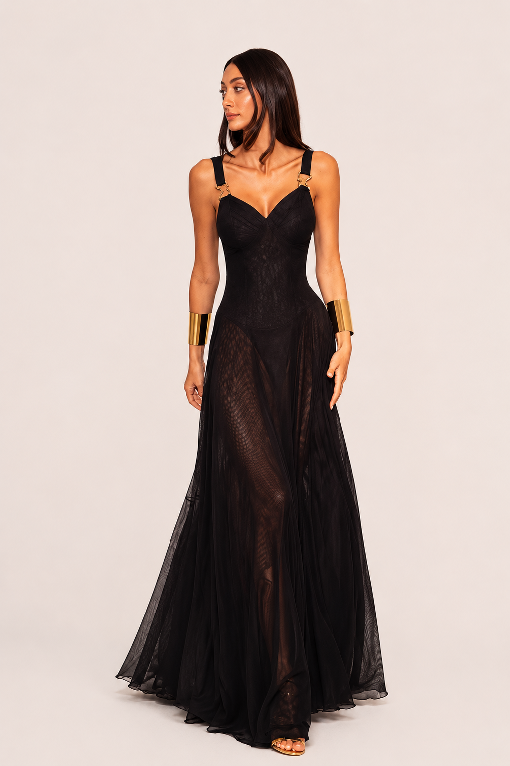 Women’s Sleeveless Deep V-Neck Maxi Dress with Sheer Overlay