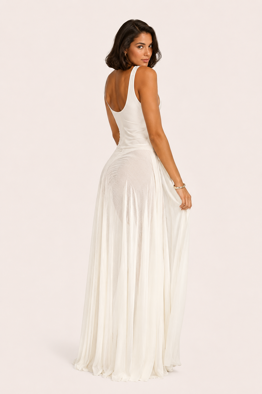 Women’s Sleeveless Deep V-Neck Maxi Dress with Sheer Overlay