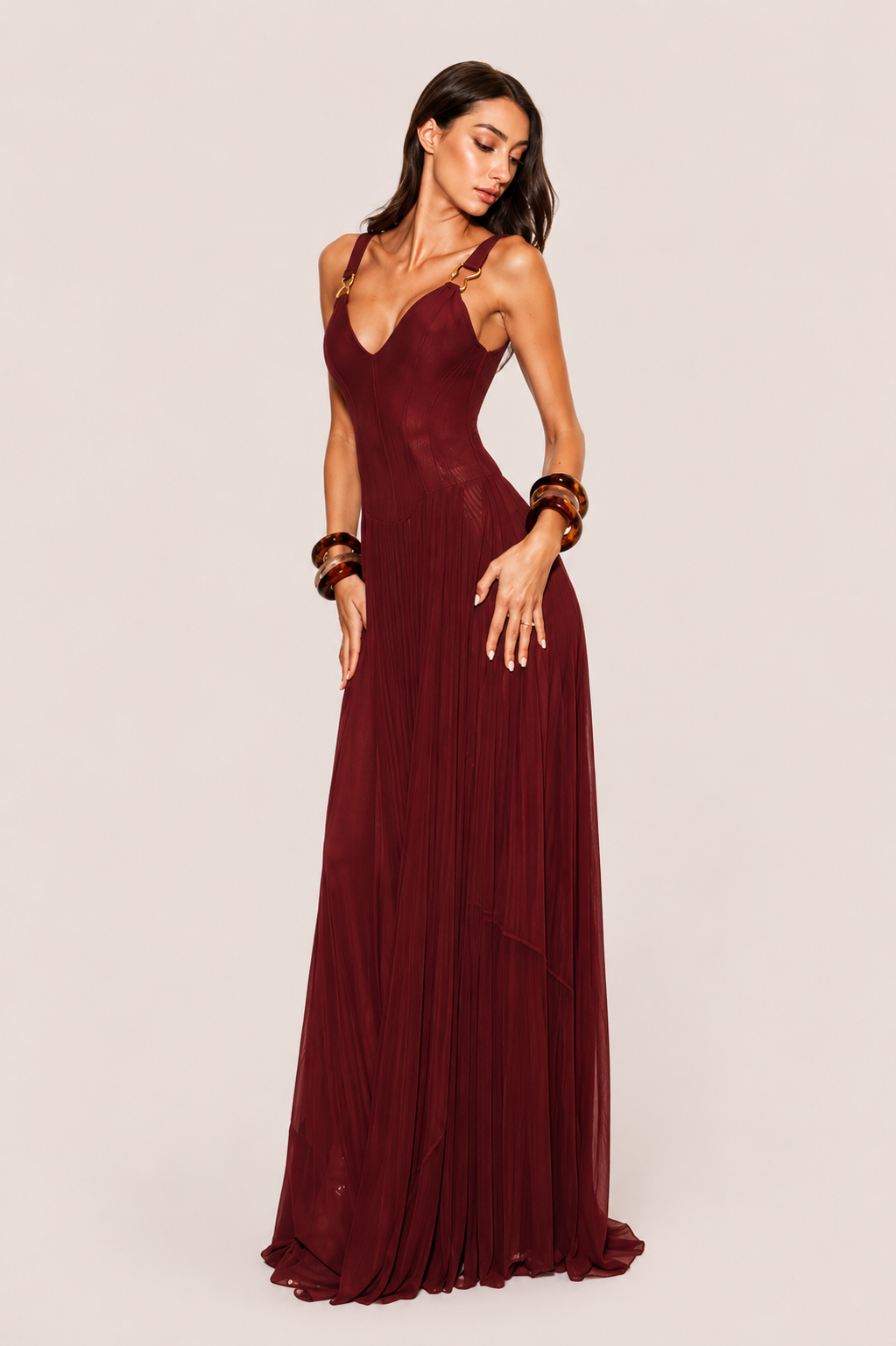 Women’s Sleeveless Deep V-Neck Maxi Dress with Sheer Overlay