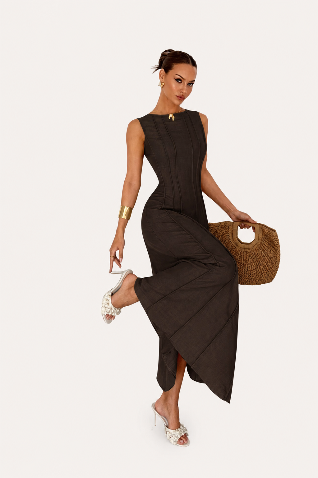 Women’s Sleeveless Panelled Maxi Dress with Side Slit