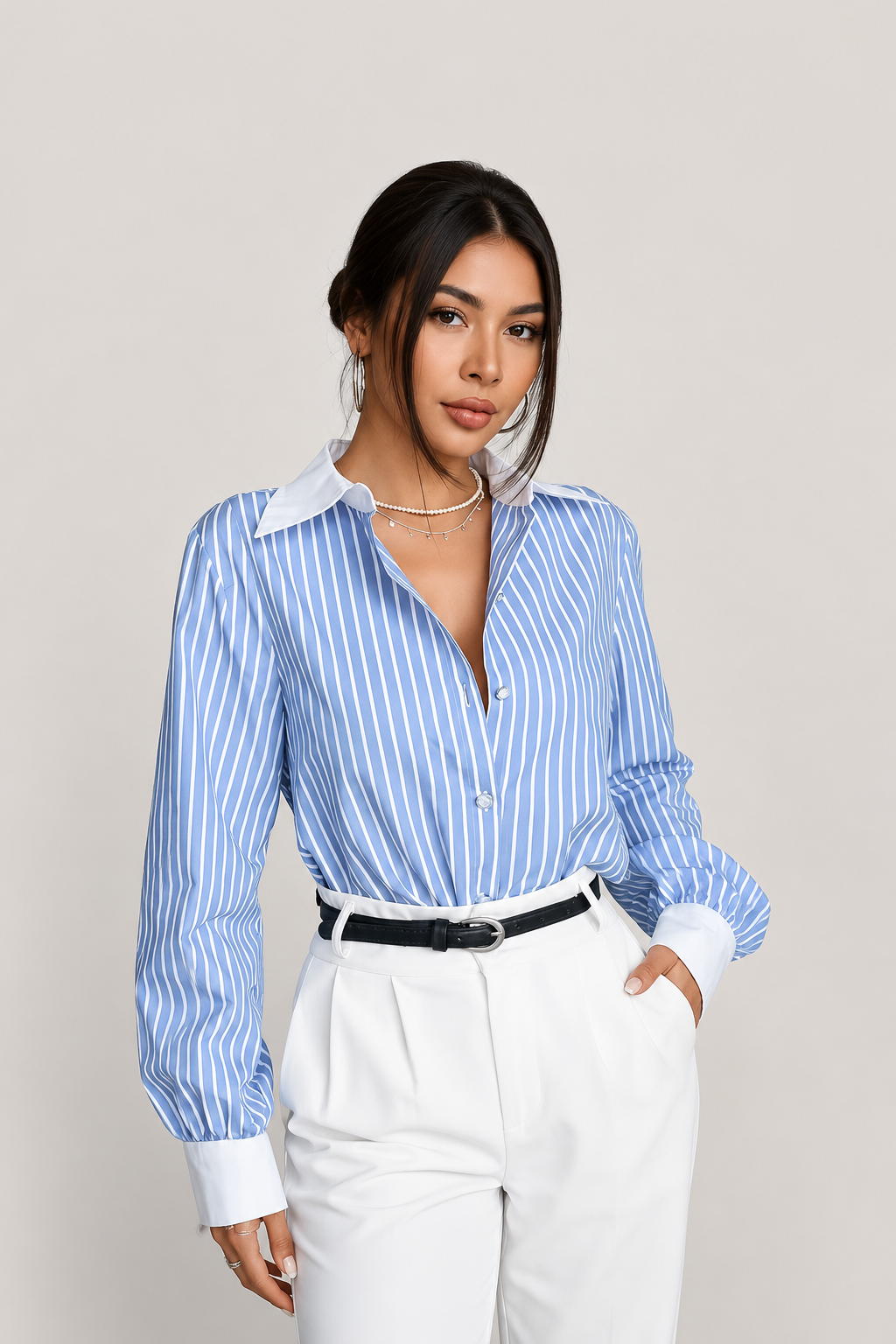 Women’s Striped Button-Up Shirt with Contrast Collar