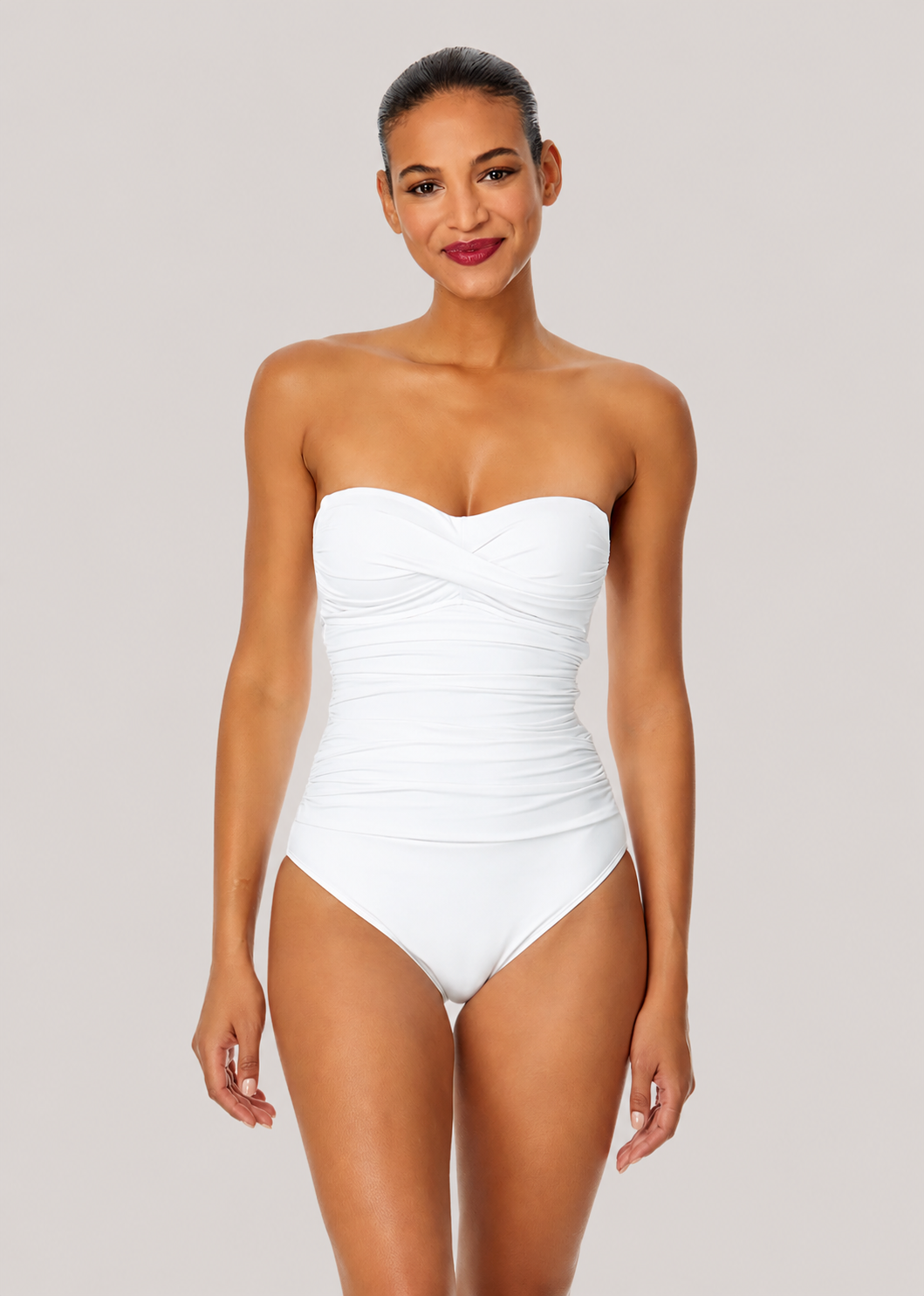 Women’s Twist Front Shirred Strapless One Piece Swimsuit