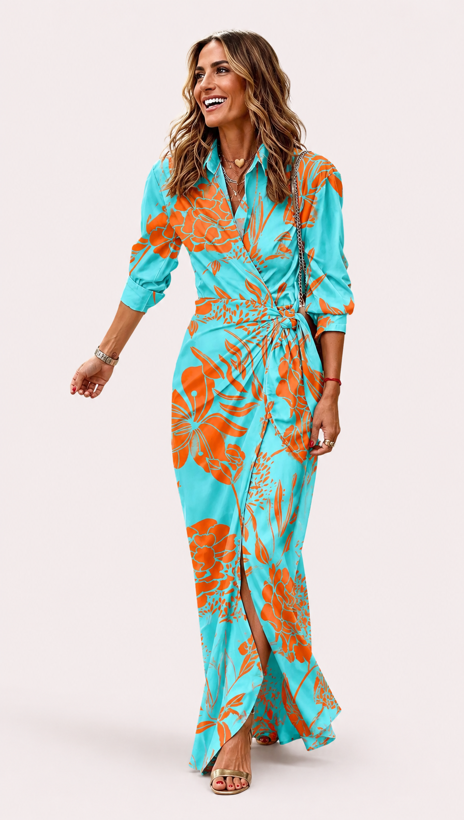 Women's Wrap Tie Waist Long Sleeve Maxi Dress