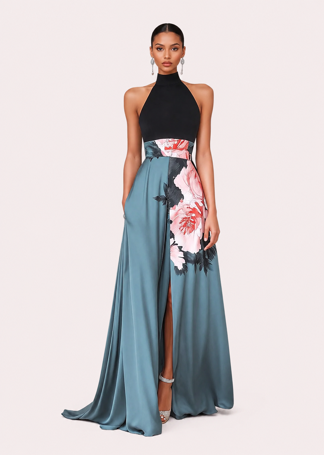 Women's Halter Floral Panel Slit Maxi Dress