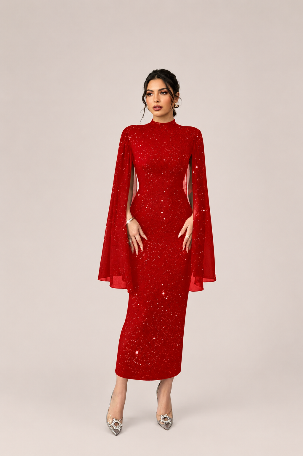 Women’s Glitter Stand Collar Midi Dress