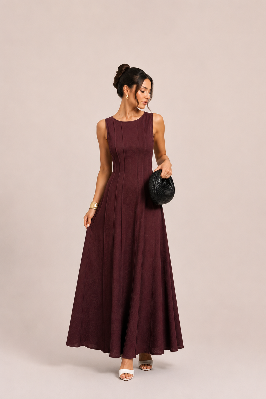 Beige Sleeveless A-Line Maxi Dress with Textured Panel Detail