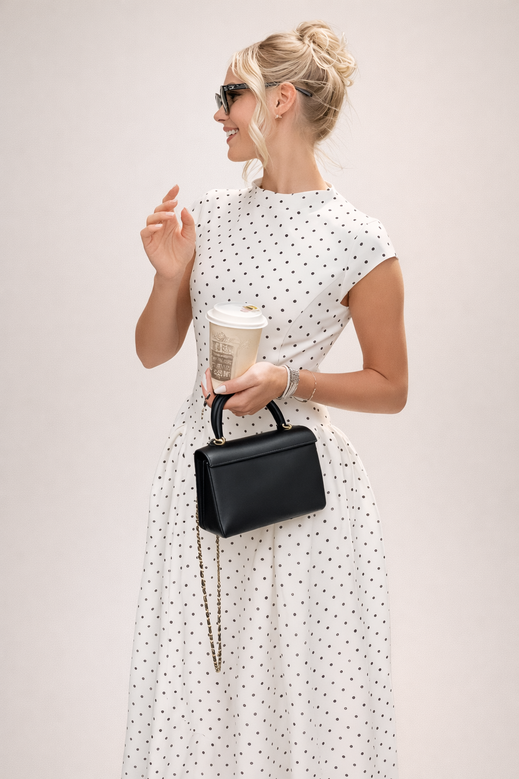 Polka Dot Long Dress with Round Neck and Waist Fit