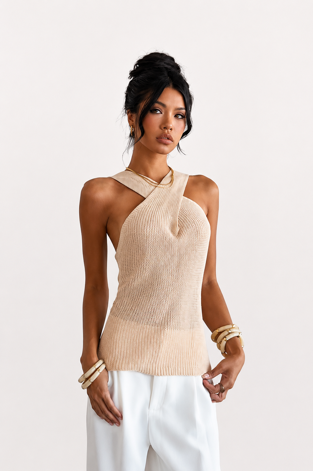 Women’s Sleeveless Knit Top with Crossover Neckline