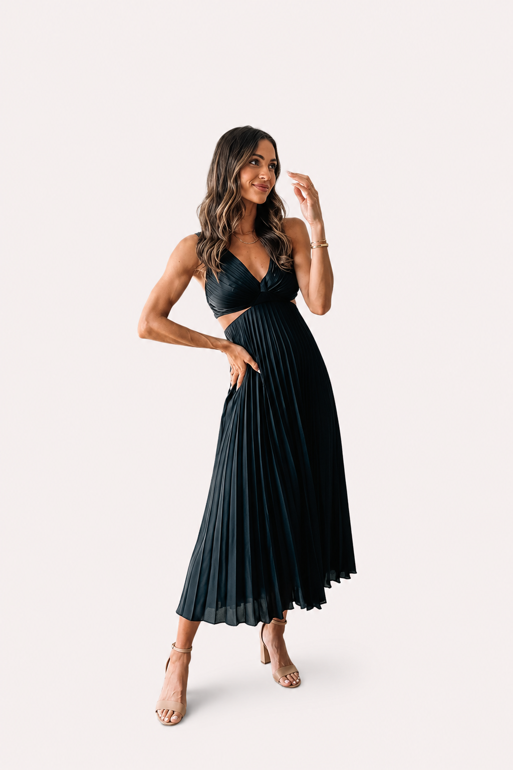 Women’s Pleated Cutout Waist Midi Dress