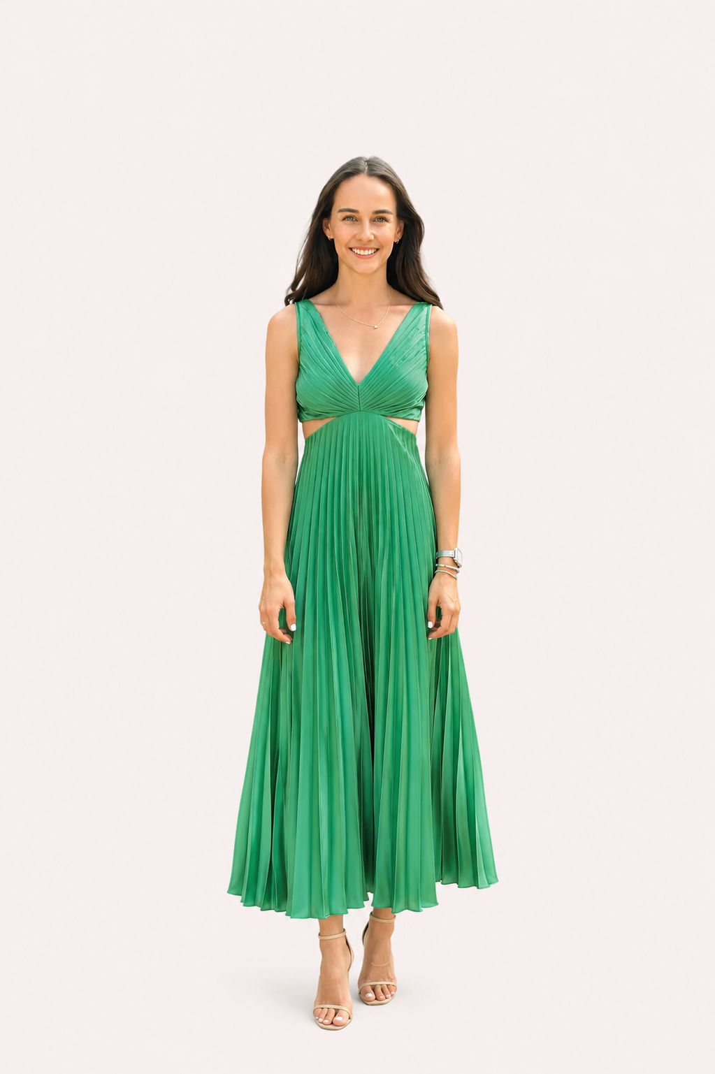 Women’s Pleated Cutout Waist Midi Dress