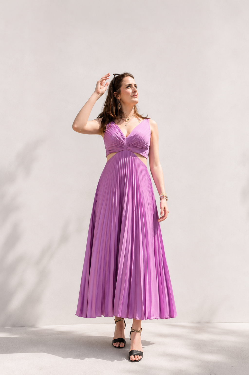 Women’s Pleated Cutout Waist Midi Dress