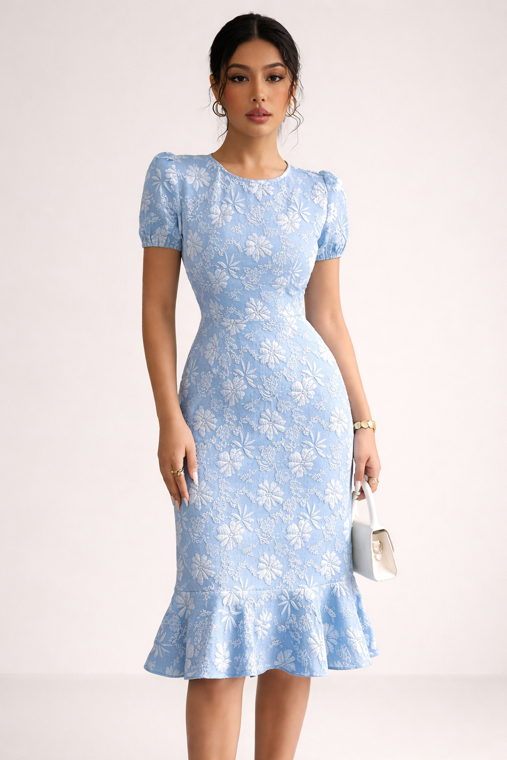 Women’s Light Blue Floral Midi Dress with Puff Sleeves