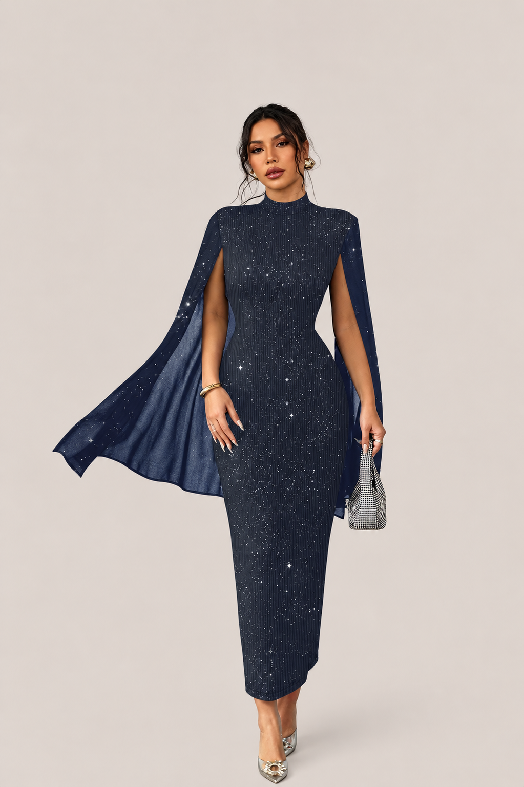 Women’s Glitter Stand Collar Midi Dress