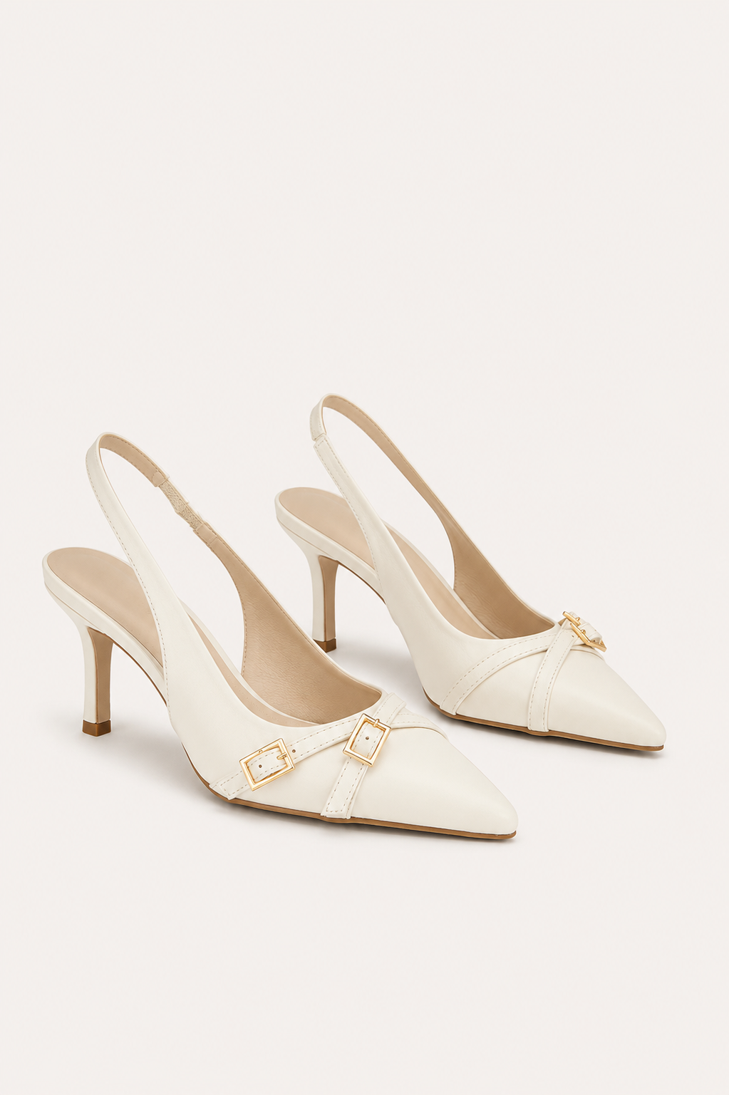 Women’s Pointed Toe Kitten Heel Slingback Pumps with Buckle Detail