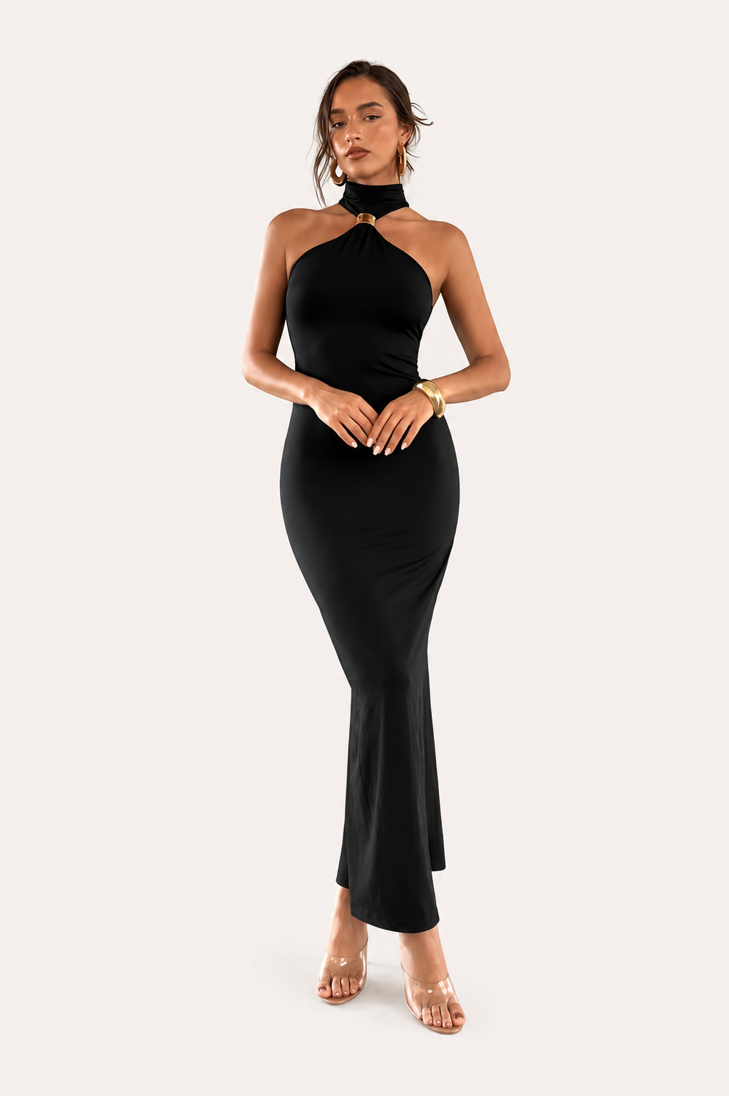 Women’s Halter Neck Bodycon Maxi Dress with Front Ring Detail