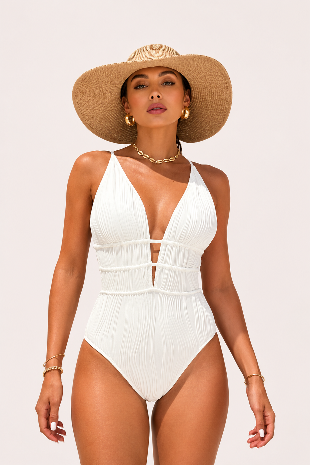 Women’s Textured Deep V-Neck One-Piece Swimsuit
