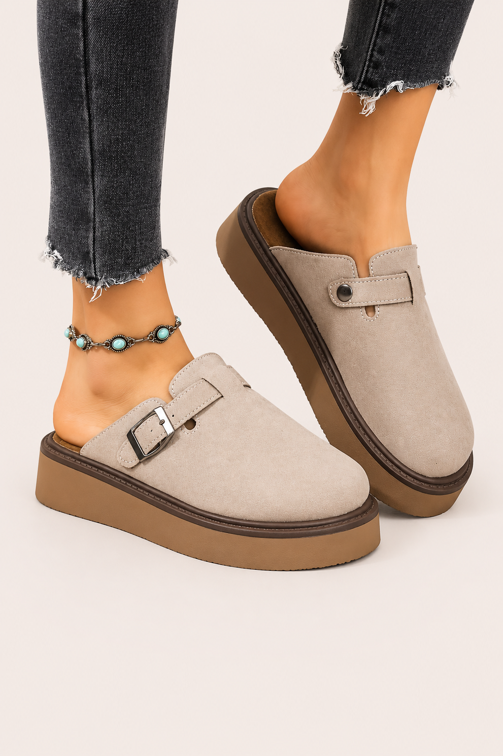 Women’s Closed-Toe Platform Slip-On Clogs with Buckle Detail