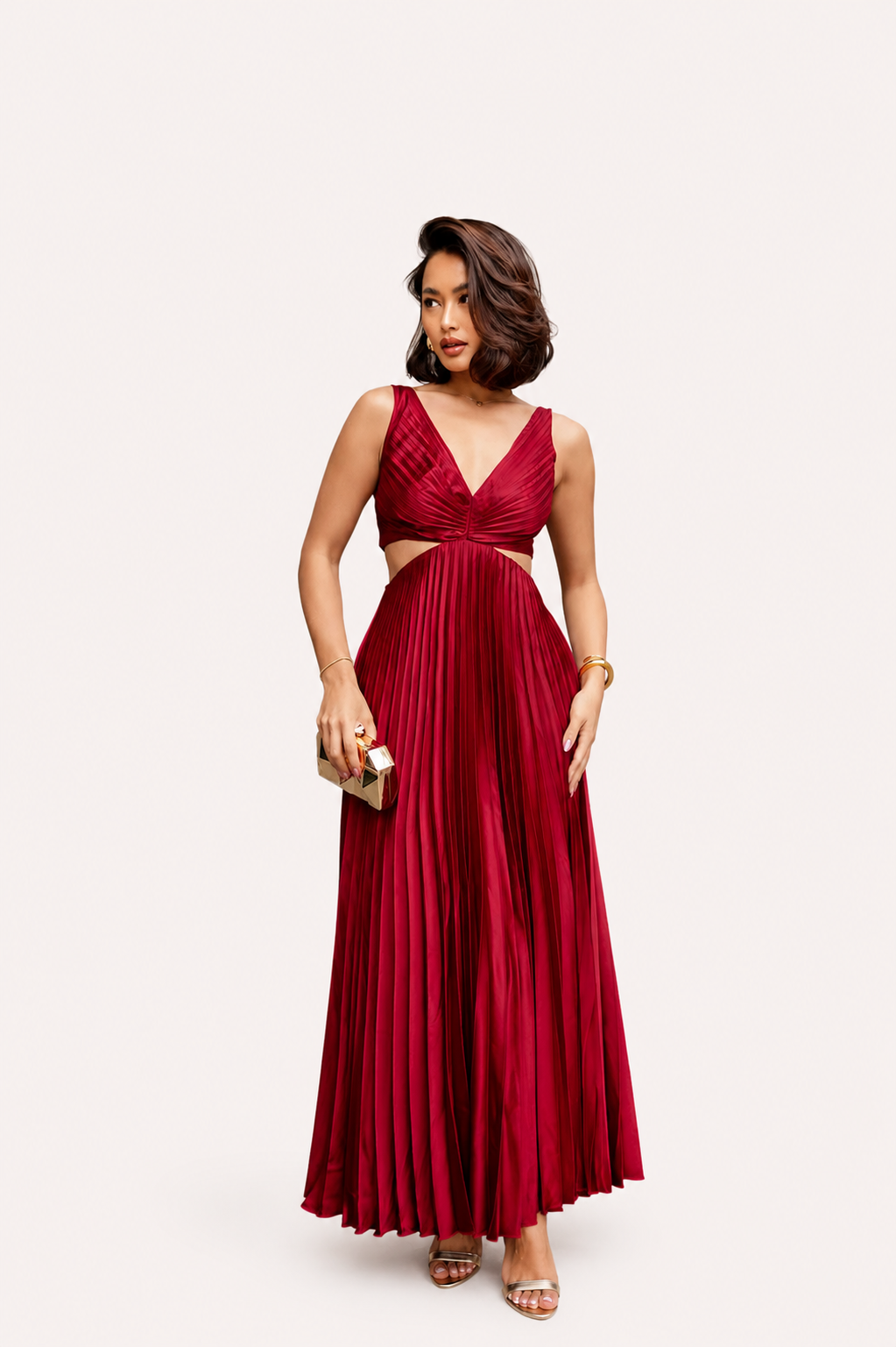 Women’s Pleated Cutout Waist Midi Dress