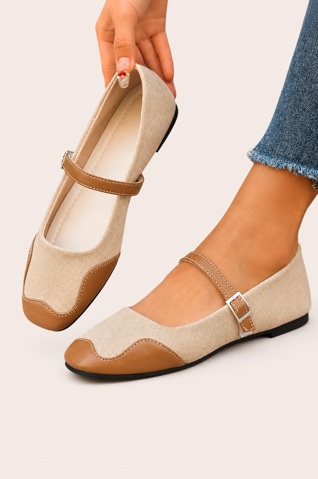 Women’s Color Block Square Toe Flats with Single Strap