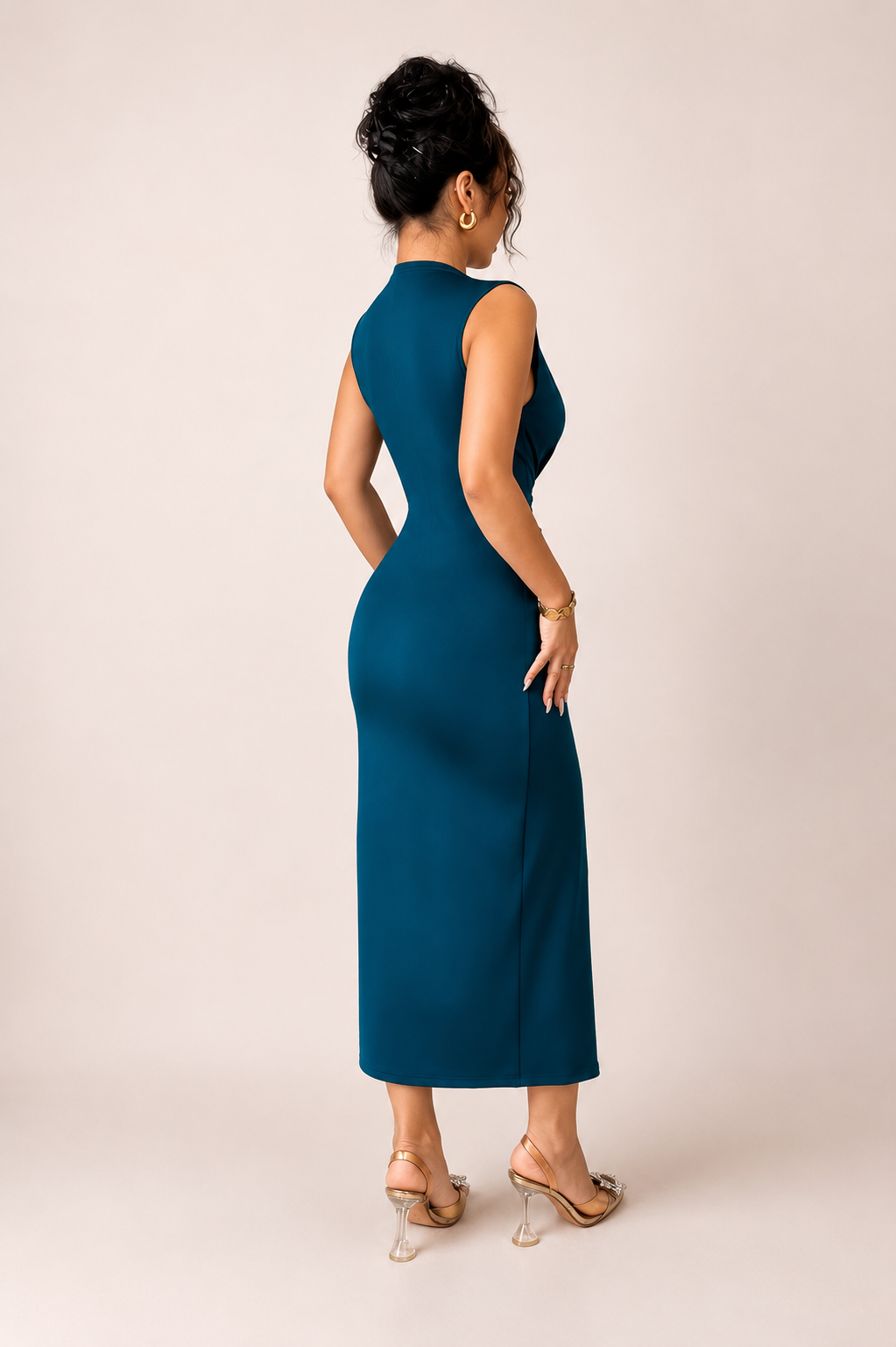 Women’s Sleeveless Deep V-Neck Front Gathered Slit Dress