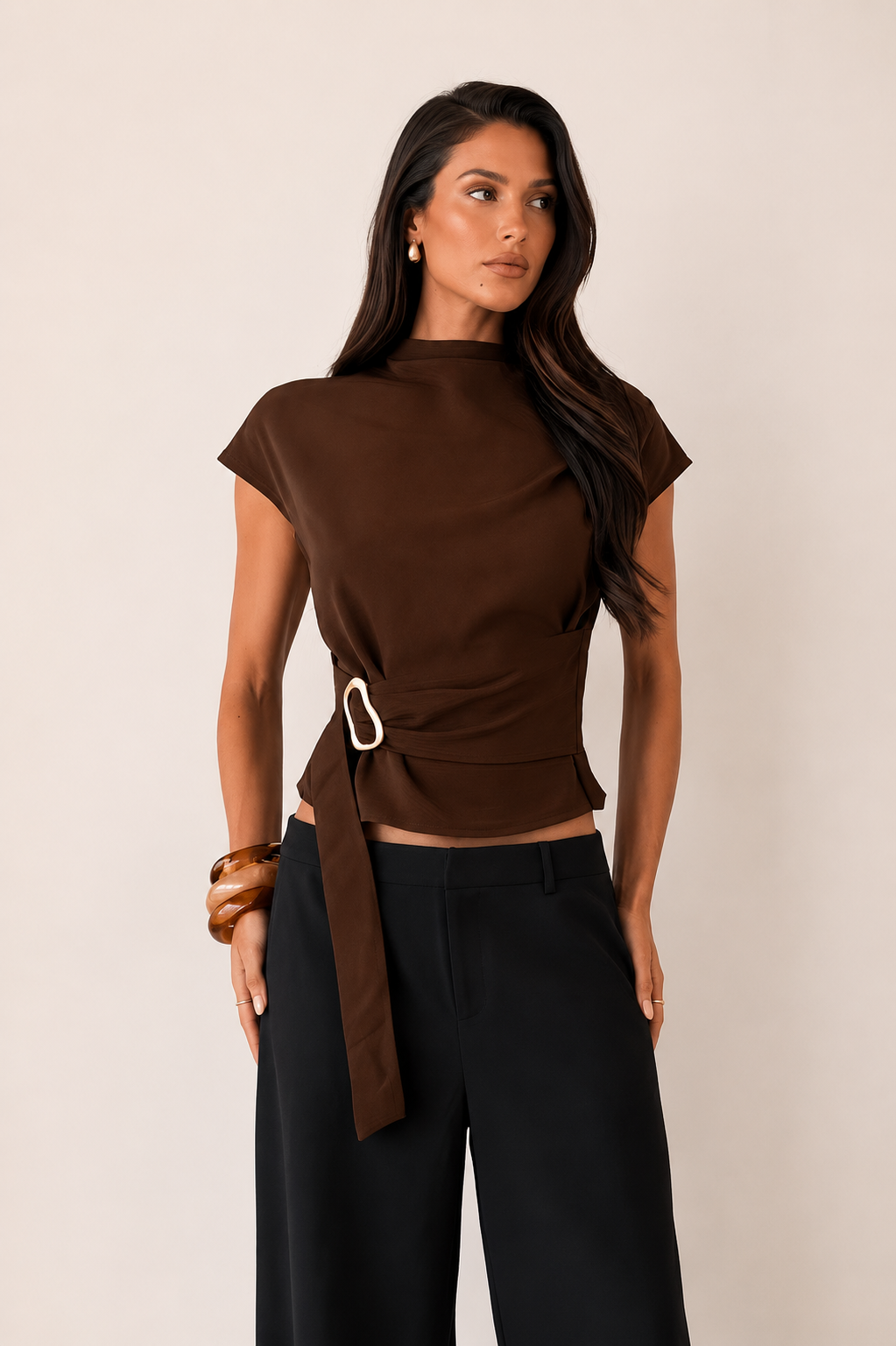 Women’s Stand Collar Wrap Waist Blouse