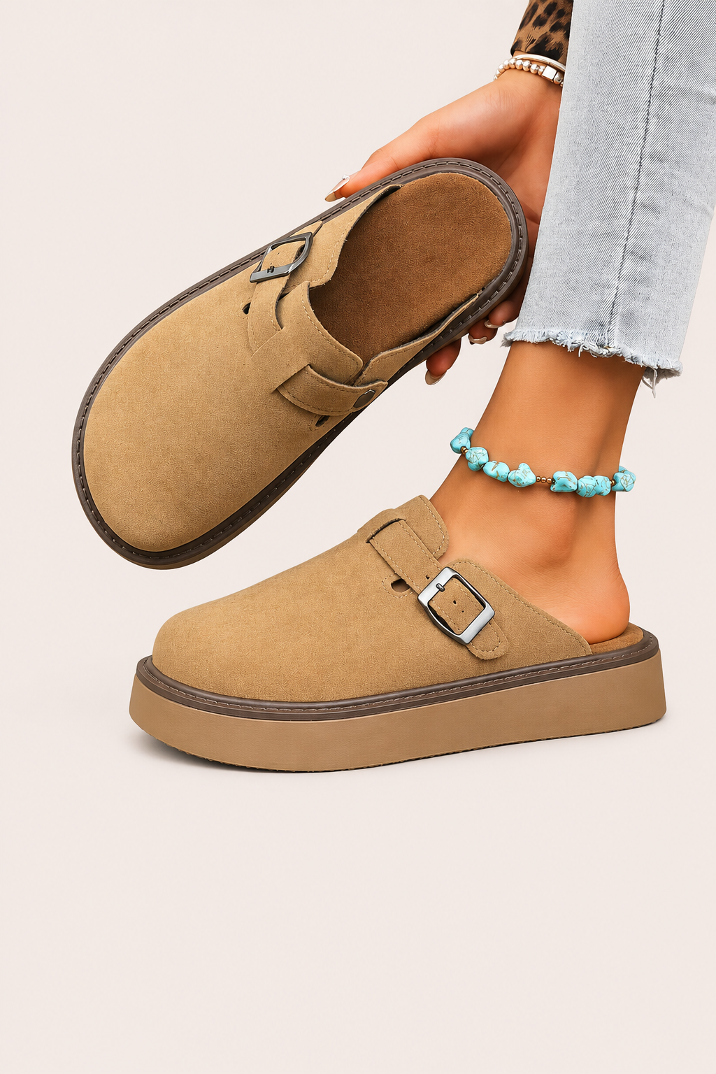 Women’s Closed-Toe Platform Slip-On Clogs with Buckle Detail
