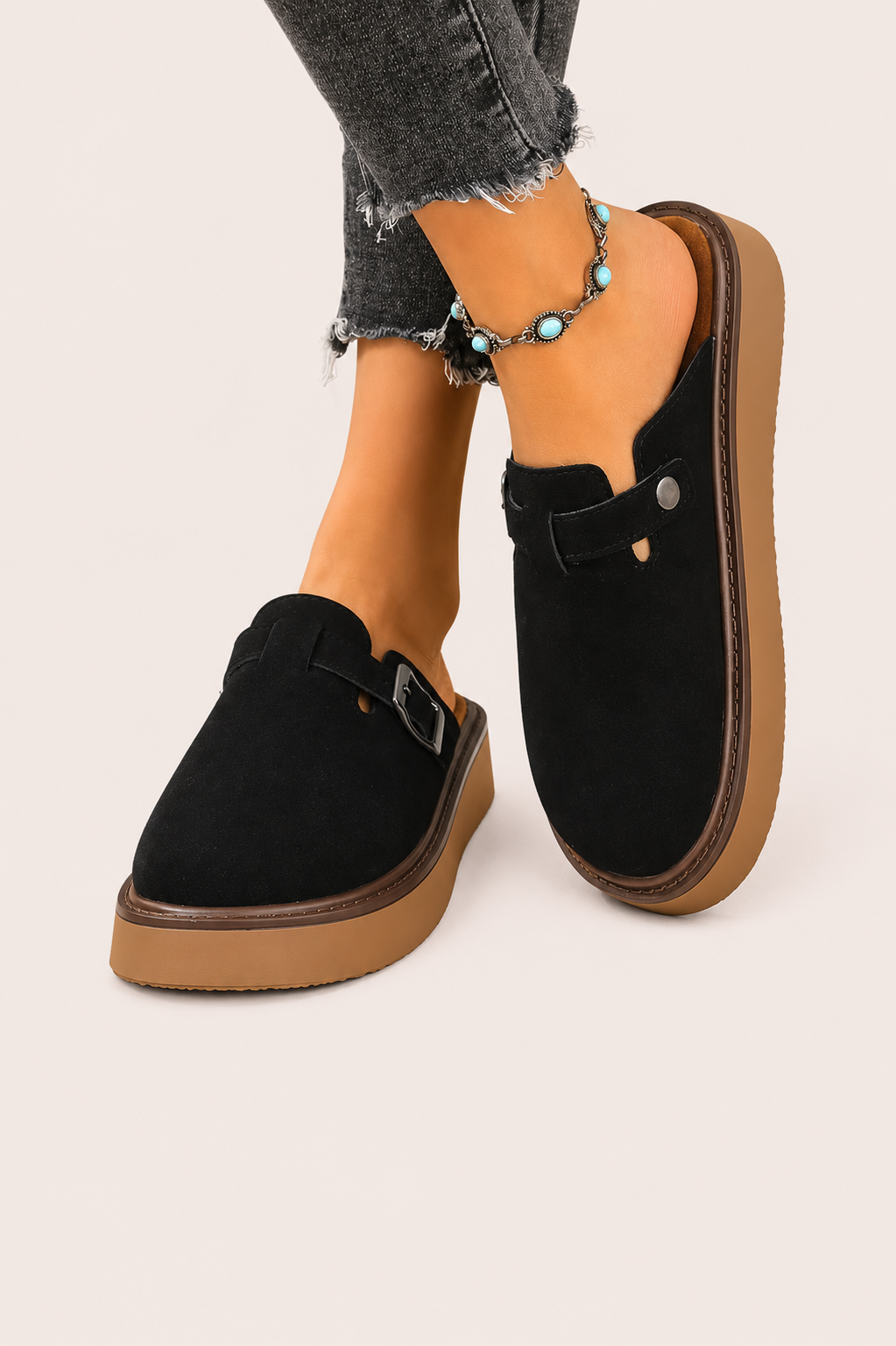 Women’s Closed-Toe Platform Slip-On Clogs with Buckle Detail