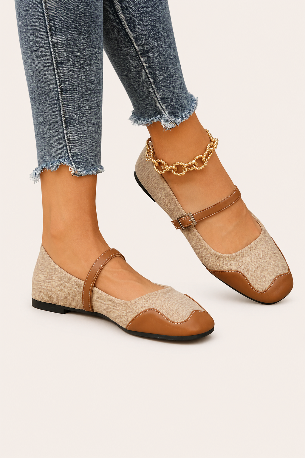 Women’s Color Block Square Toe Flats with Single Strap
