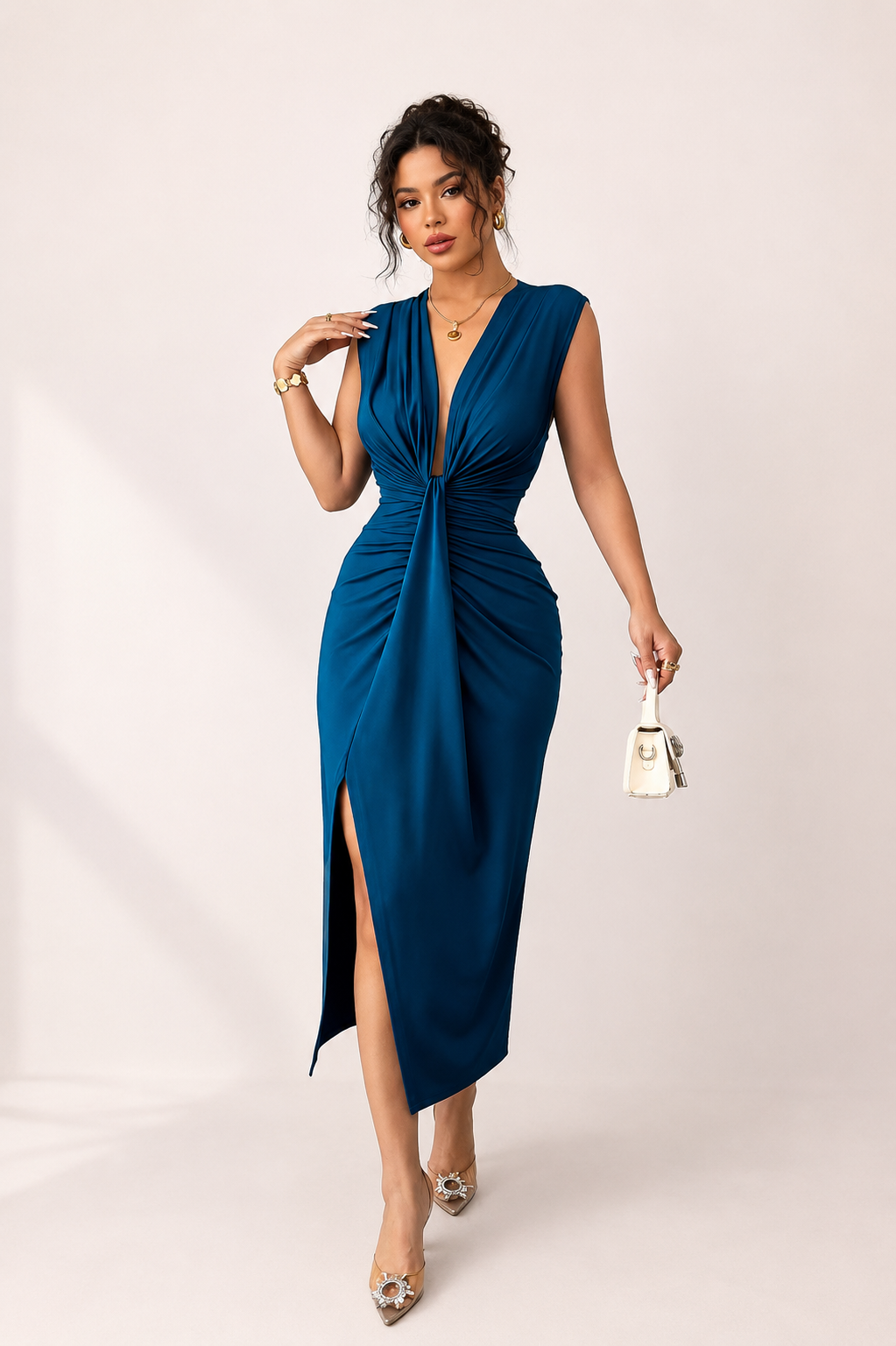 Women’s Sleeveless Deep V-Neck Front Gathered Slit Dress