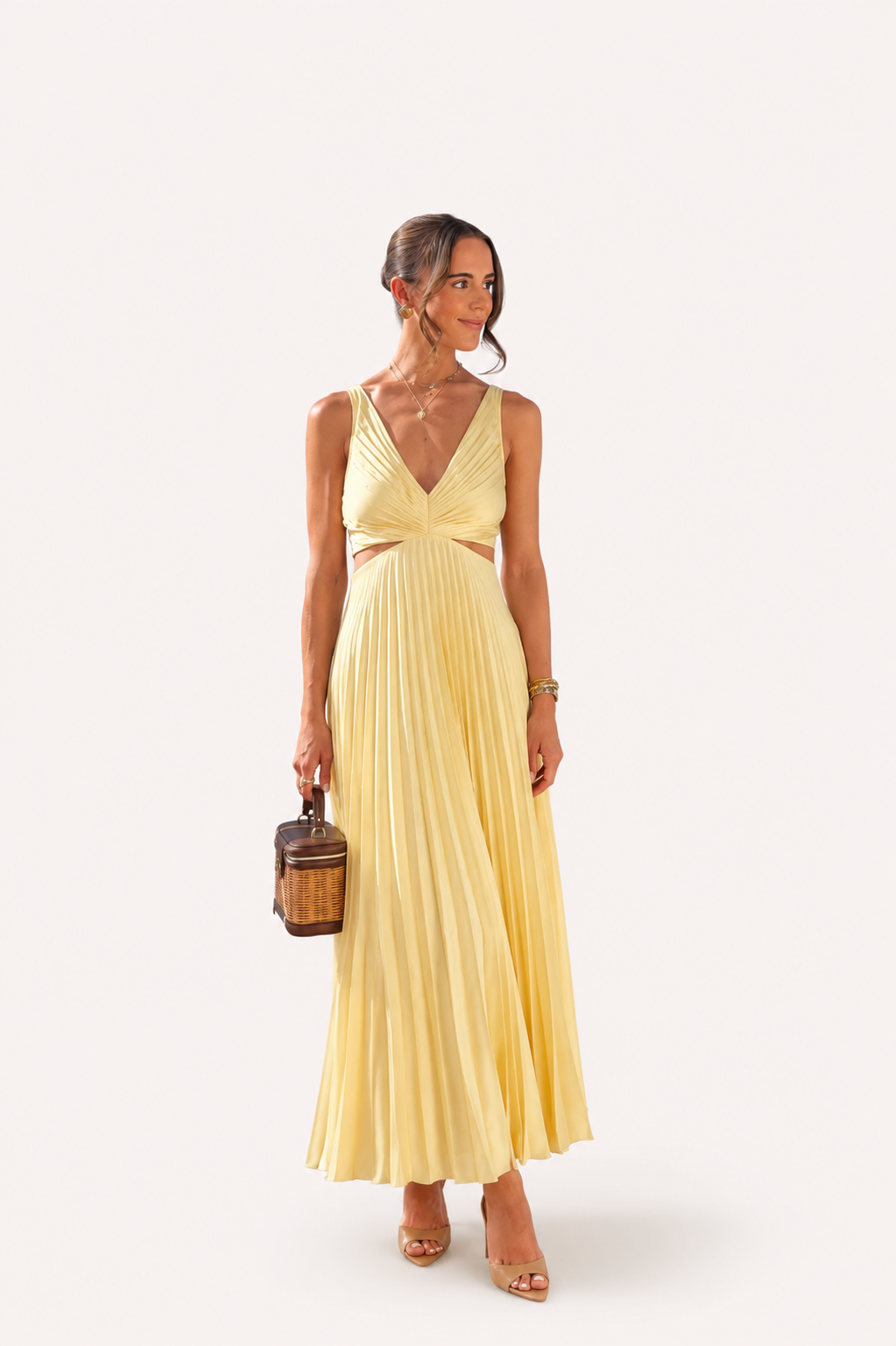 Women’s Pleated Cutout Waist Midi Dress