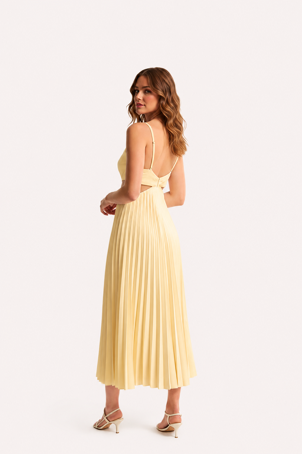Women’s Pleated Cutout Waist Midi Dress