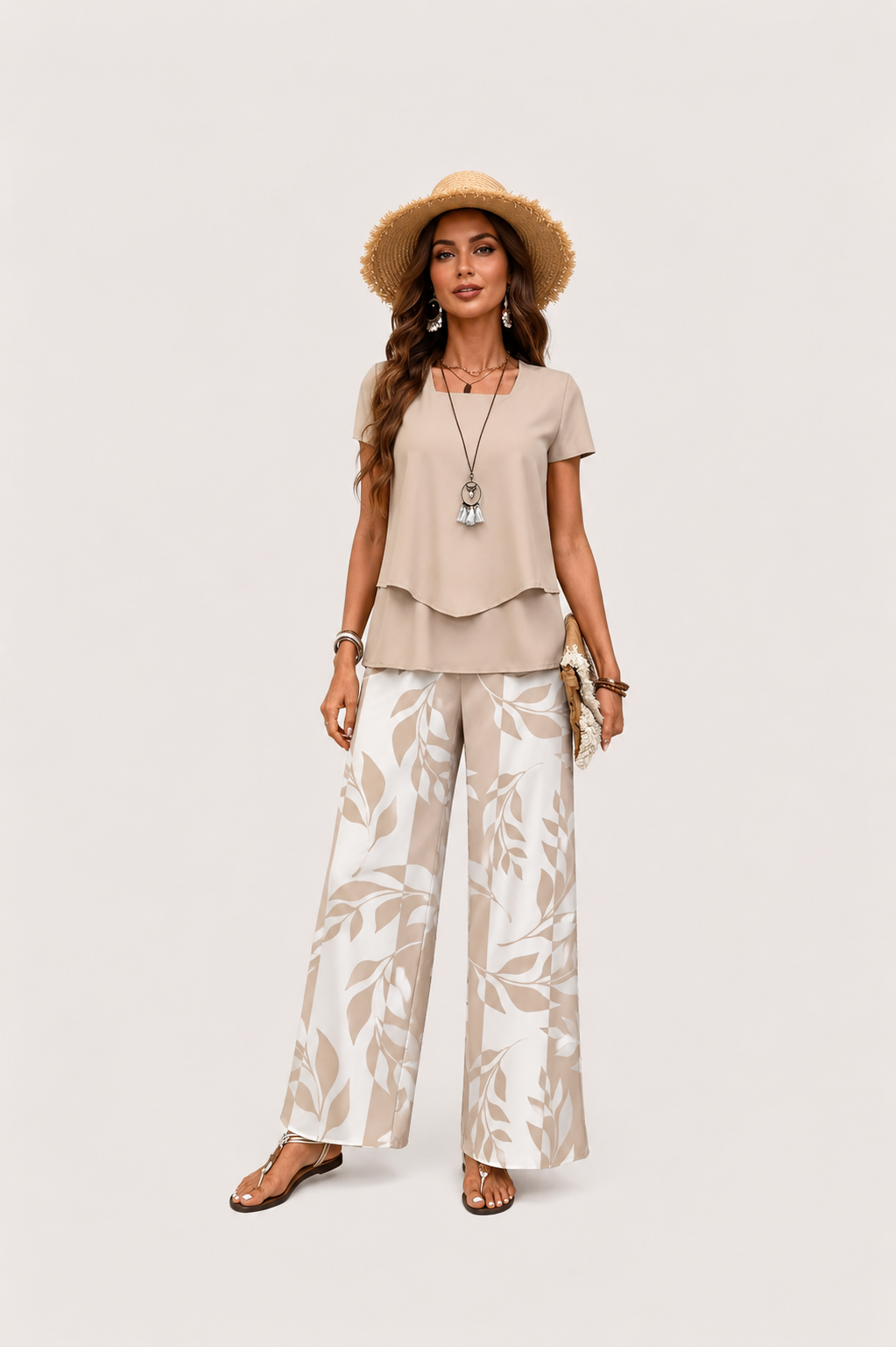 Women’s Short Sleeve Top and Printed Wide Leg Pants Set