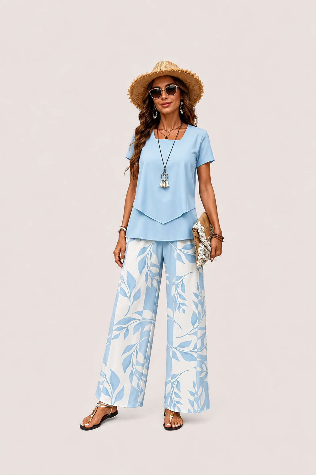 Women’s Short Sleeve Top and Printed Wide Leg Pants Set