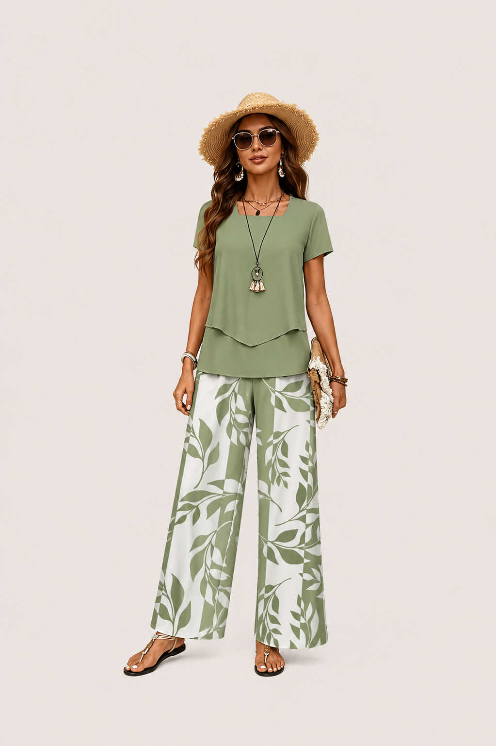 Women’s Short Sleeve Top and Printed Wide Leg Pants Set