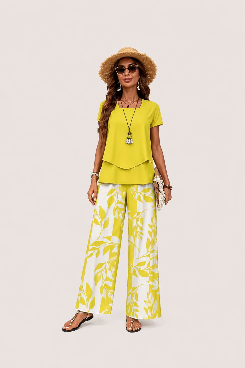 Women’s Short Sleeve Top and Printed Wide Leg Pants Set