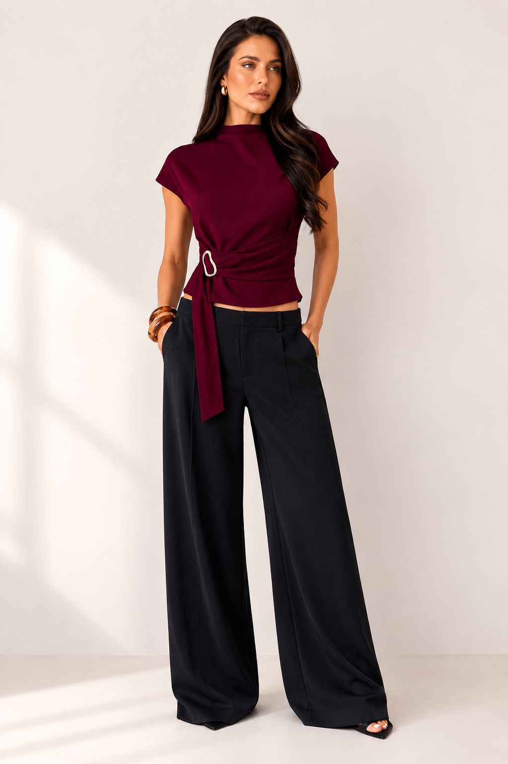 Women’s Stand Collar Wrap Waist Blouse